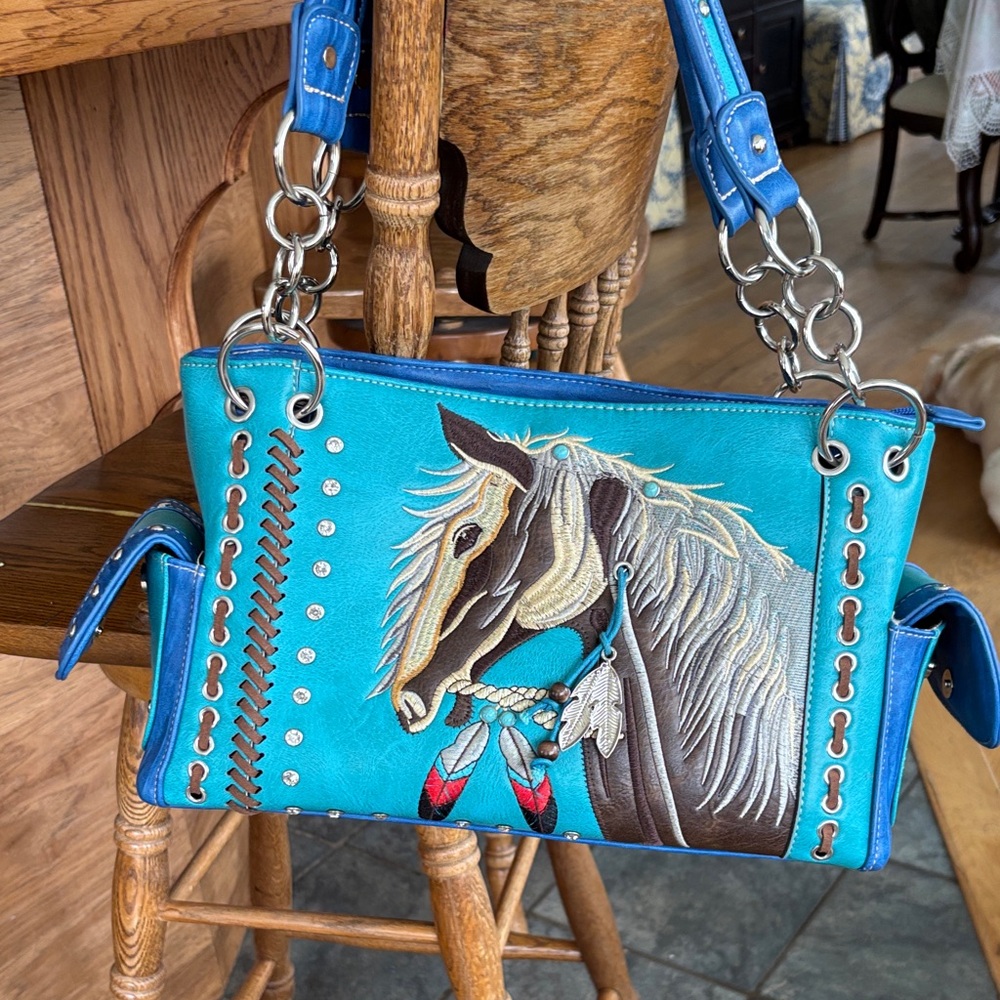 Elegant Blue Horse Design Shoulder Bag